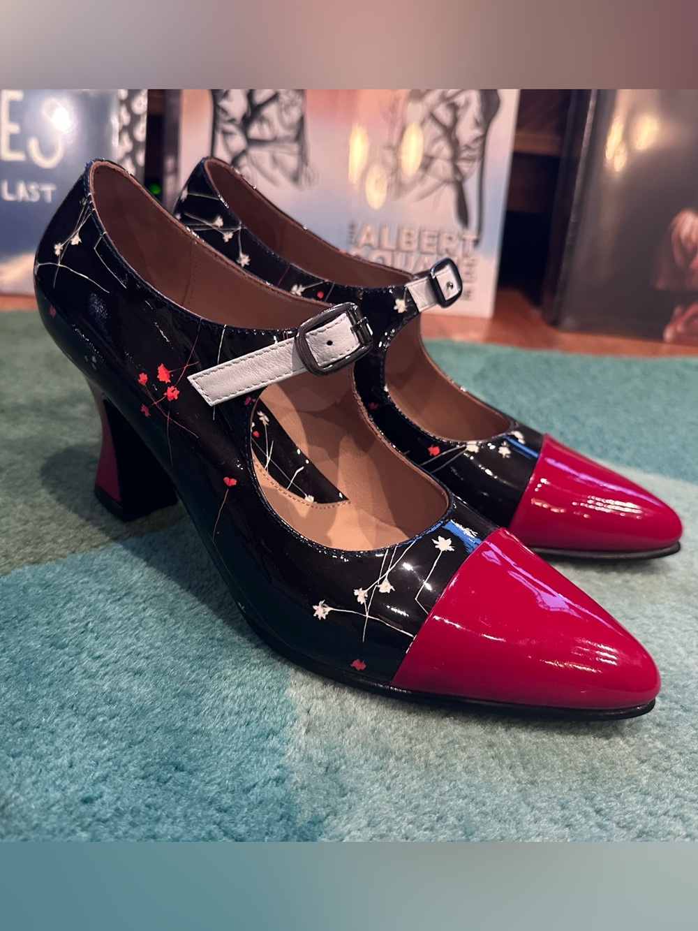 Fluevog NEW NO BOX Big Presence Malala patent red/black floral MJ buckle heel-8